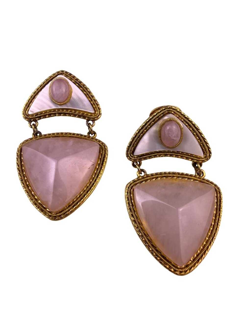 Vintage Womens Gold Tone Pink Stone Geometric Dangle Earrings